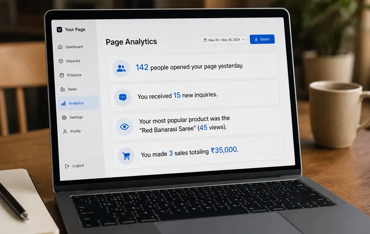 A laptop showing the page analytics written as sentences: 142 people opened your page yesterday, 15 sent an enquiry, the Red Banarasi saree was the most looked at.