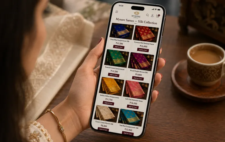 A phone showing a saree catalogue, each piece with a photograph, a name and a price.